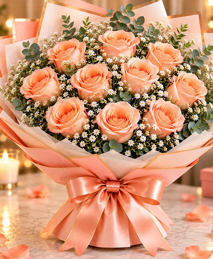 Peach Rose Bouquet – 12 Peach Roses