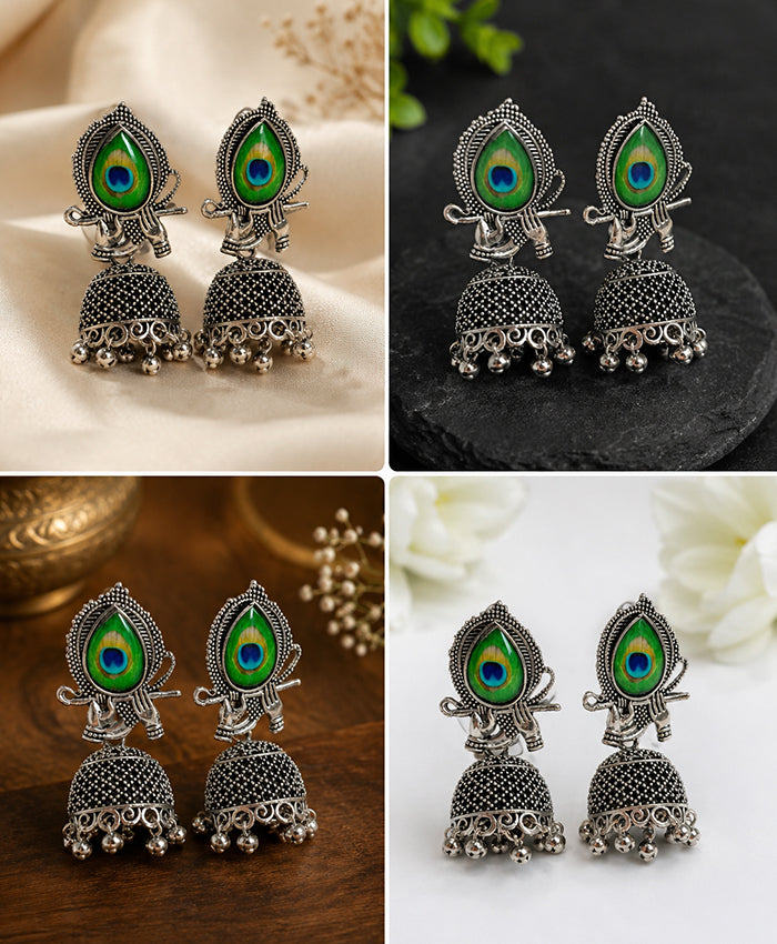 Peacock Feather Oxidized Silver Jhumka Earrings