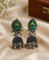 Peacock Feather Oxidized Silver Jhumka Earrings