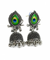 Peacock Feather Oxidized Silver Jhumka Earrings
