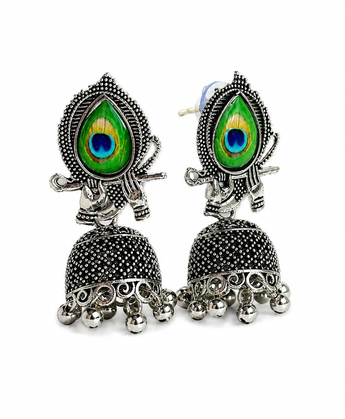Peacock Feather Oxidized Silver Jhumka Earrings