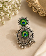 Peacock Feather Oxidized Silver Statement Earrings