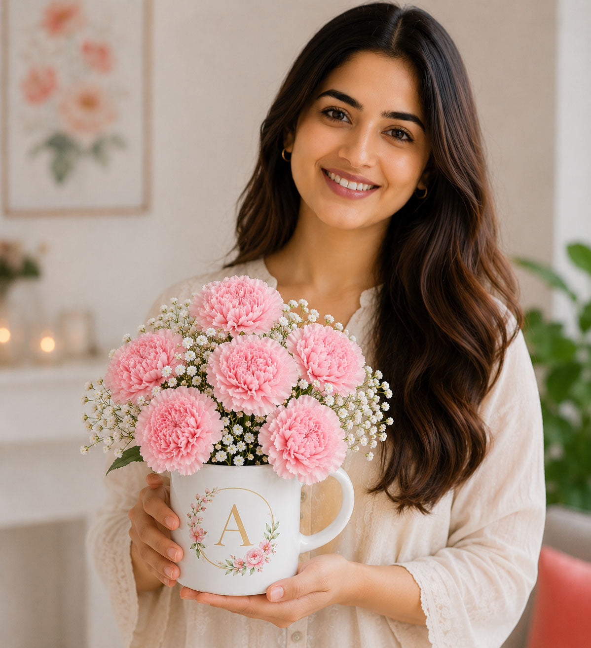 Personalised Initial Mug with Pink Carnations