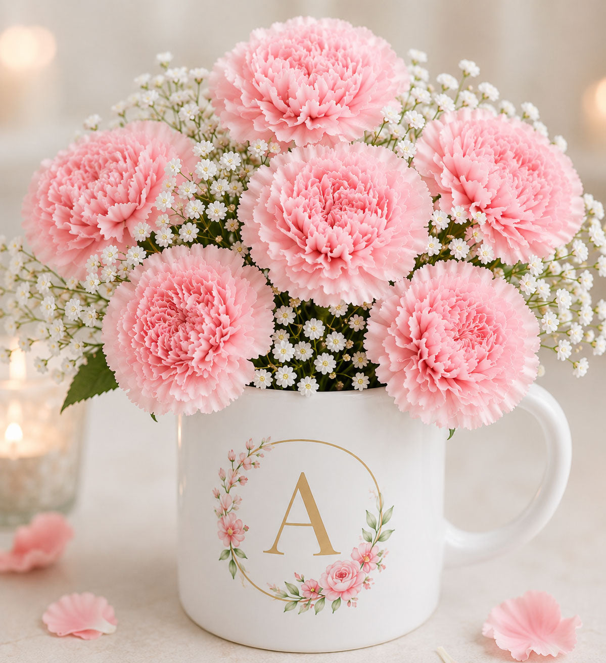 Personalised Initial Mug with Pink Carnations