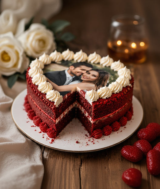 Personalized Heart Shape Red Velvet Photo Cake