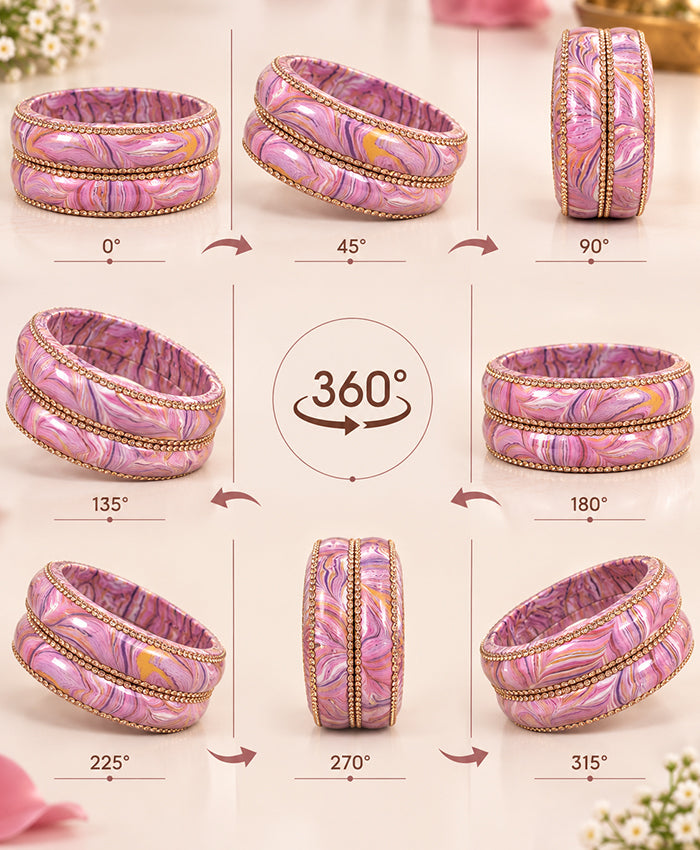 Pink Lavender Marble Rhinestone Lac Bangle Set