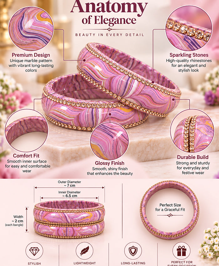 Pink Lavender Marble Rhinestone Lac Bangle Set