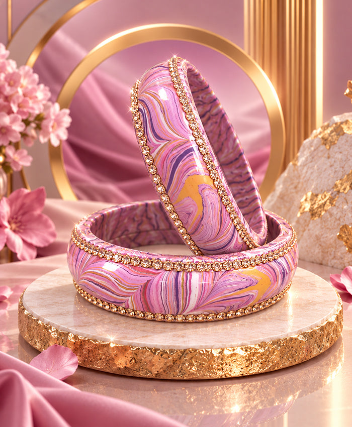 Pink Lavender Marble Rhinestone Lac Bangle Set