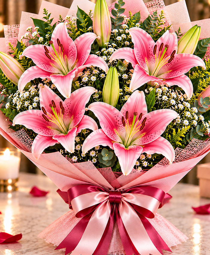 Pink Lily Bouquet – 5 Pink Lilies