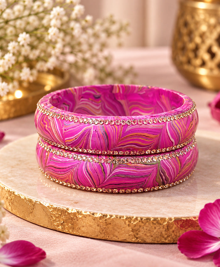 Pink Marbled Crystal-Edge Lac Bangle Set