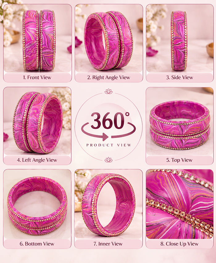 Pink Marbled Crystal-Edge Lac Bangle Set
