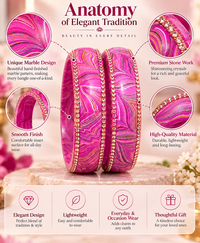 Pink Marbled Crystal-Edge Lac Bangle Set