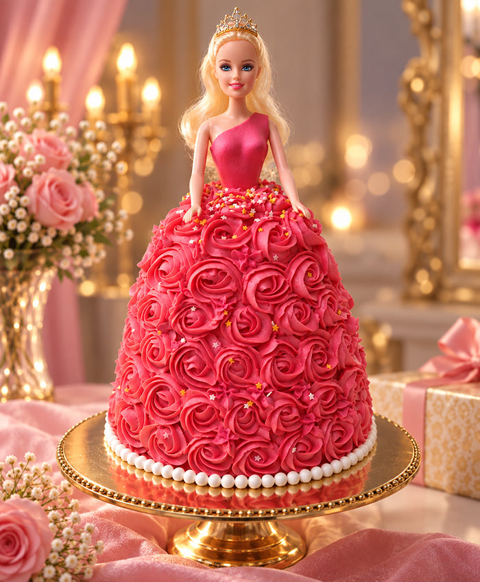 Pink Princess Doll Cake – Elegant Rose Swirl Celebration Cake