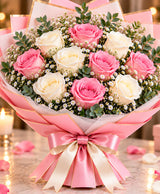 Pink & White Rose Bouquet – 6 Pink + 6 White Roses