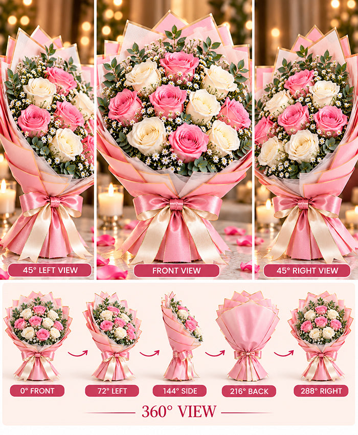 Pink & White Rose Bouquet – 6 Pink + 6 White Roses