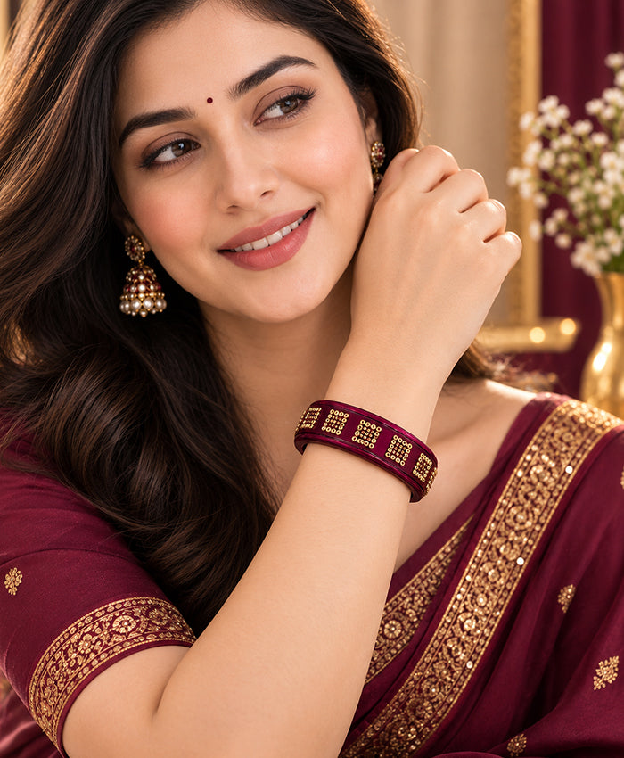 Premium Plum Rhinestone Lac Bangle Set