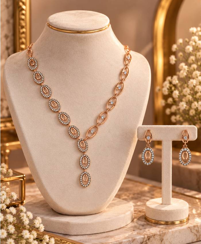Premium Rose Gold Oval Link Necklace & Matching Earrings Set