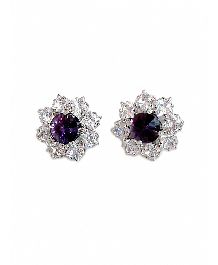 Purple Crystal Floral Stud Earrings