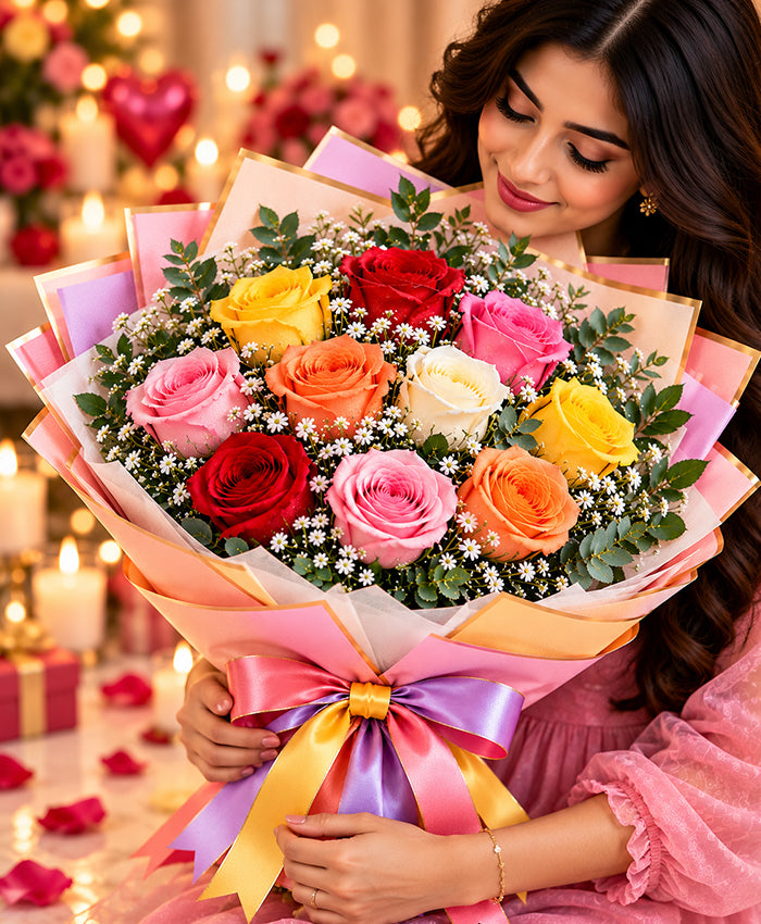 Rainbow Rose Bouquet – 12 Mixed-Color Roses