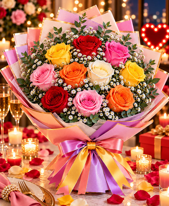 Rainbow Rose Bouquet – 12 Mixed-Color Roses