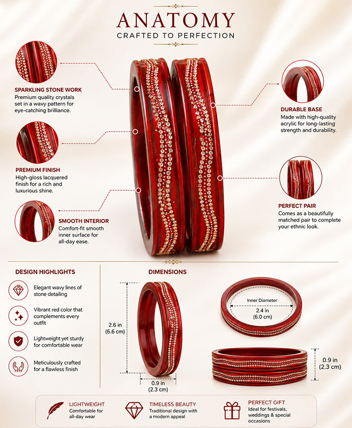 Red Crystal-Embellished Traditional Lac Bangle Set