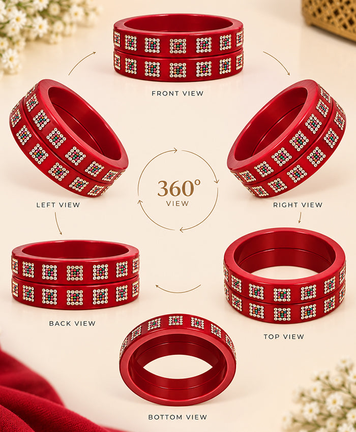 Red Multicolour Rhinestone Lac Bangle Set