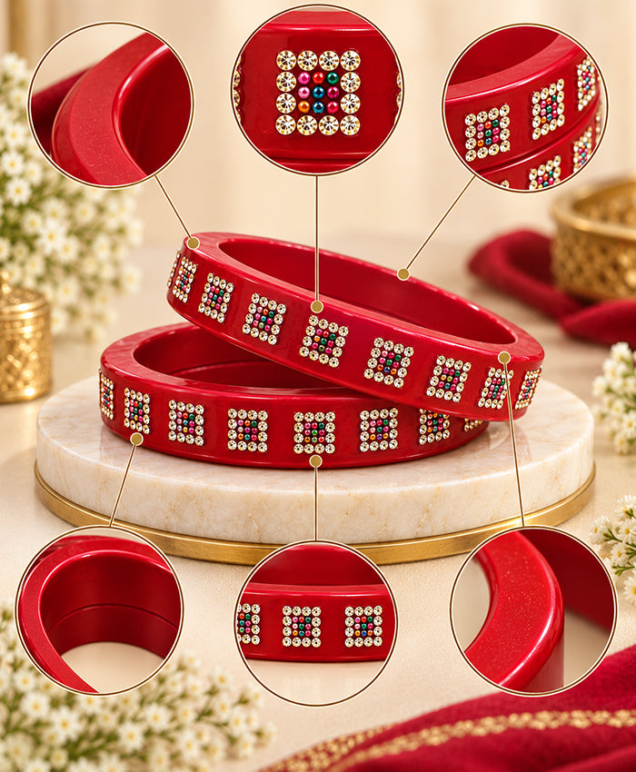 Red Multicolour Rhinestone Lac Bangle Set