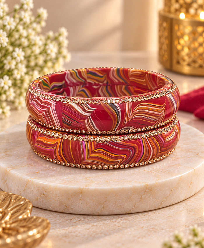 Red-Pink Multicolour Marbled Lac Bangle Set