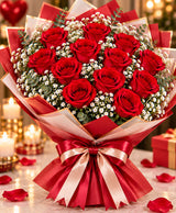 Red Rose & Baby's Breath Bouquet – 12 Red Roses