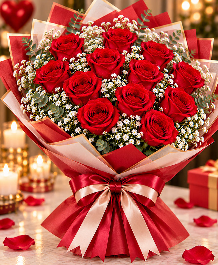 Red Rose & Baby's Breath Bouquet – 12 Red Roses