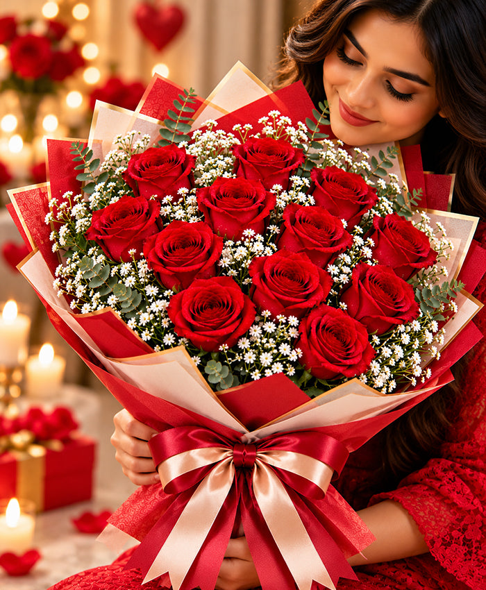 Red Rose & Baby's Breath Bouquet – 12 Red Roses