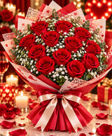 Red Rose & Baby's Breath Bouquet – 12 Red Roses