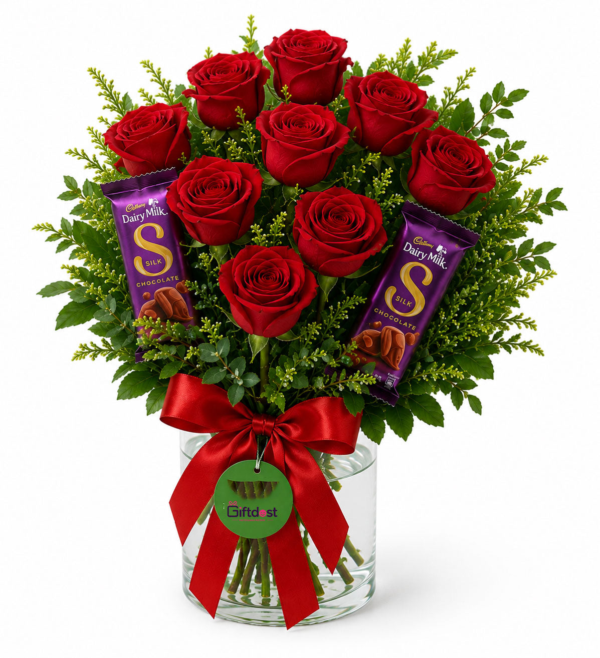 Red Roses Vase & Dairy Milk Silk Delight