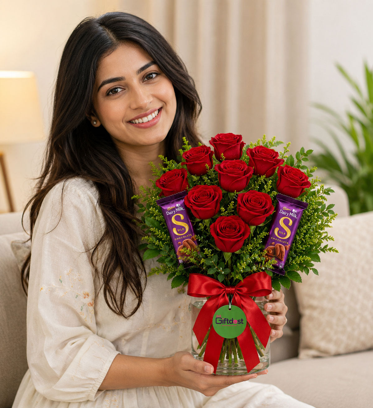 Red Roses Vase & Dairy Milk Silk Delight