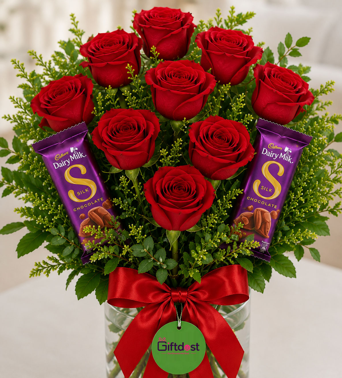 Red Roses Vase & Dairy Milk Silk Delight
