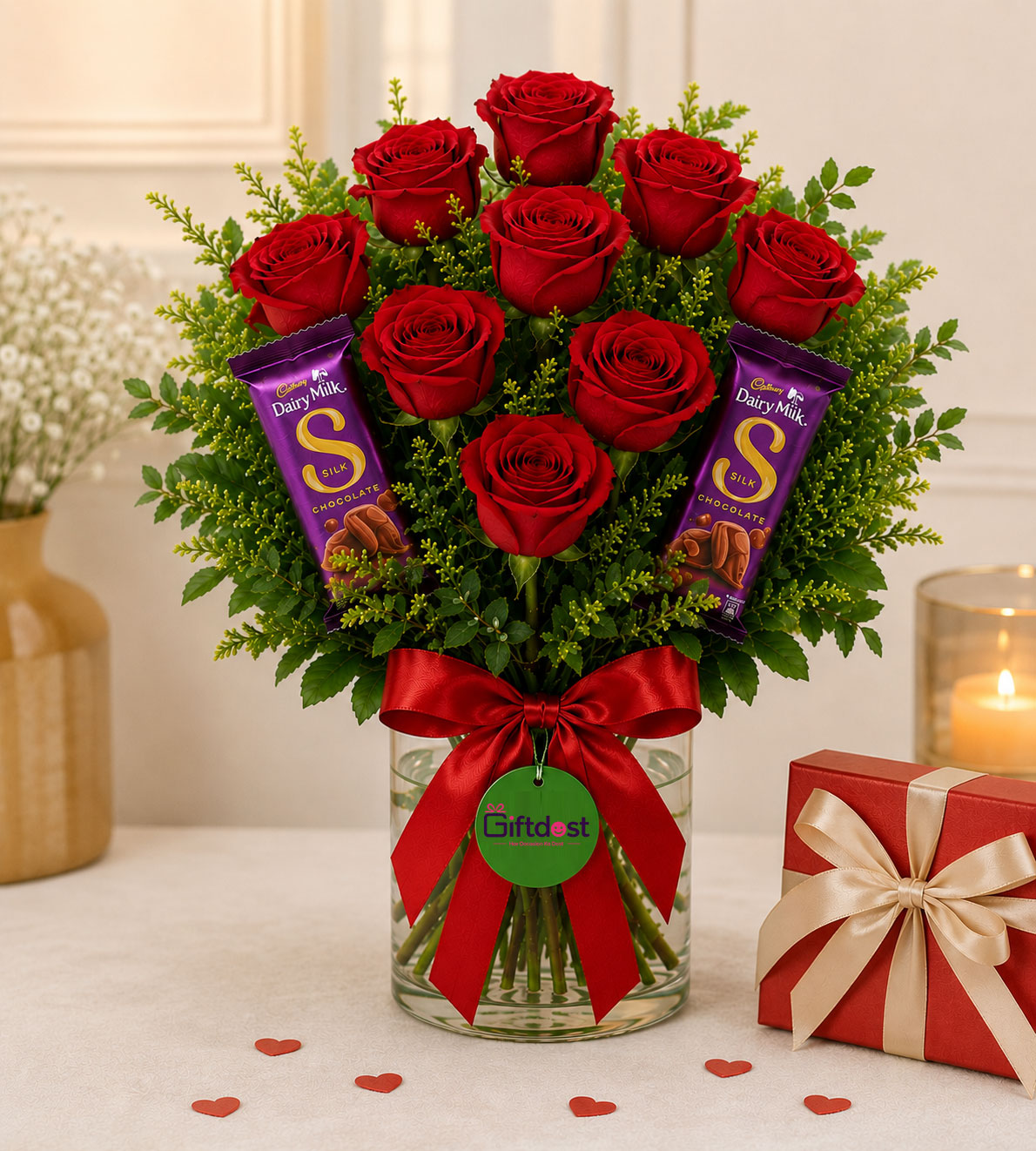 Red Roses Vase & Dairy Milk Silk Delight