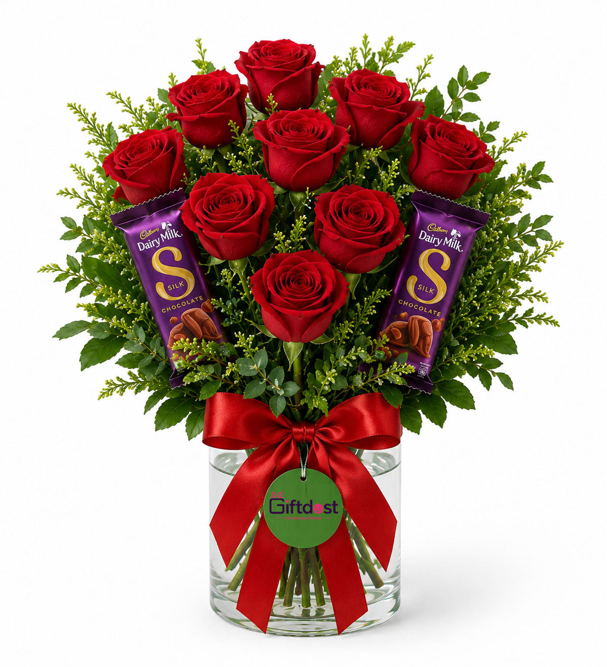 Red Roses Vase & Dairy Milk Silk Delight