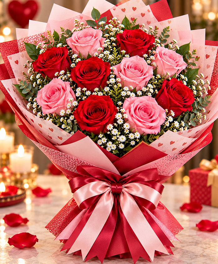 Red & Pink Love Bouquet – 6 Red + 6 Pink Roses