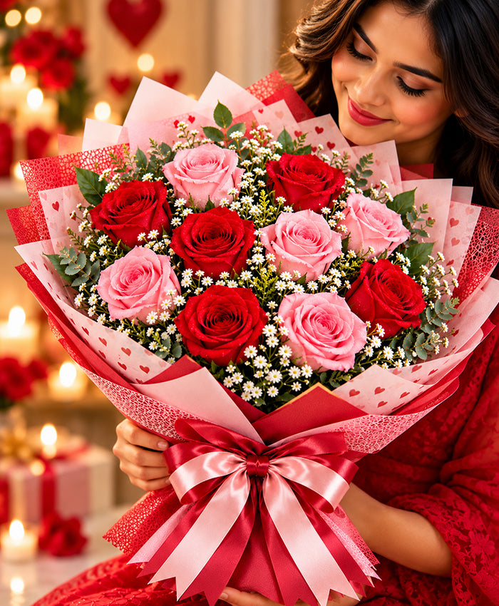 Red & Pink Love Bouquet – 6 Red + 6 Pink Roses