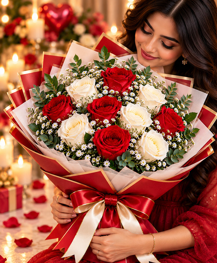Red & White Rose Bouquet – 6 Red + 6 White Roses