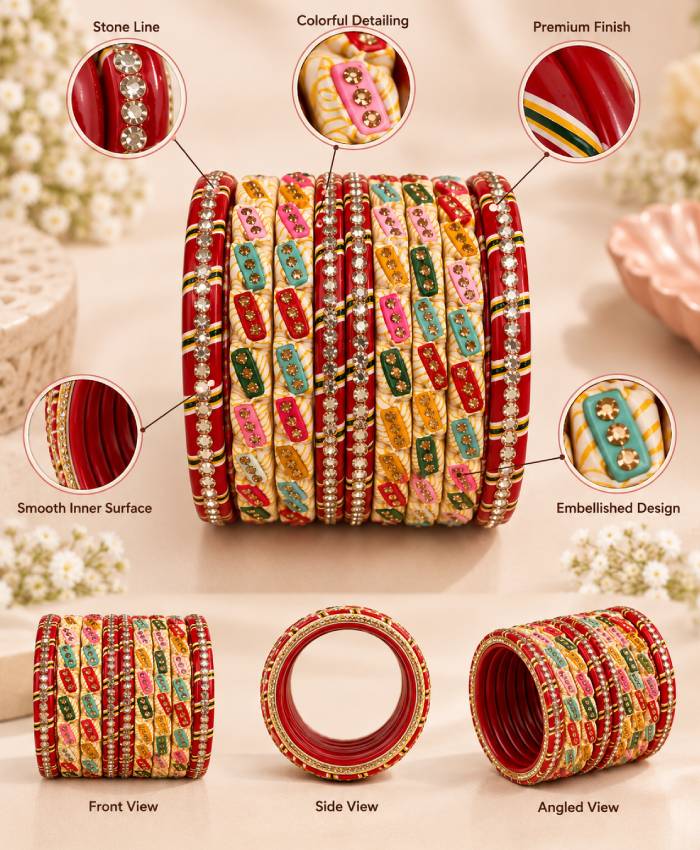Red and White Multicolour Embellished Chudi Set
