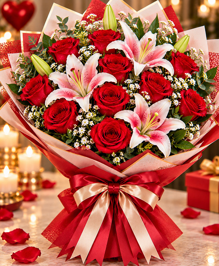 Romantic Rose & Lily Arrangement – 12 Roses + 3 Lilies