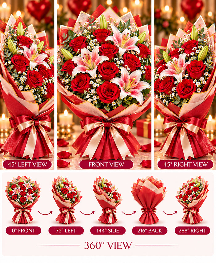 Romantic Rose & Lily Arrangement – 12 Roses + 3 Lilies