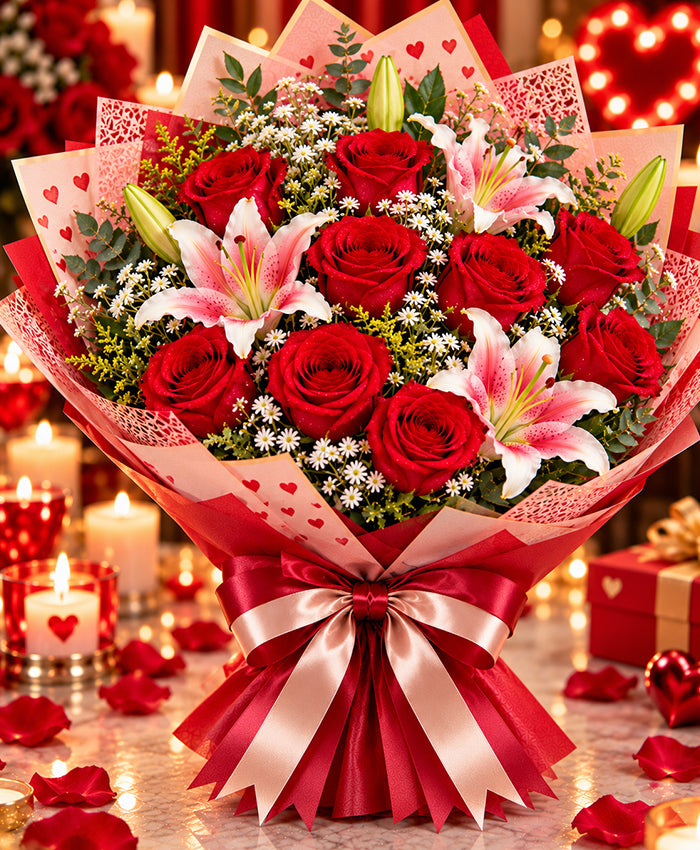 Romantic Rose & Lily Arrangement – 12 Roses + 3 Lilies