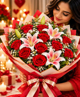 Romantic Rose & Lily Arrangement – 12 Roses + 3 Lilies