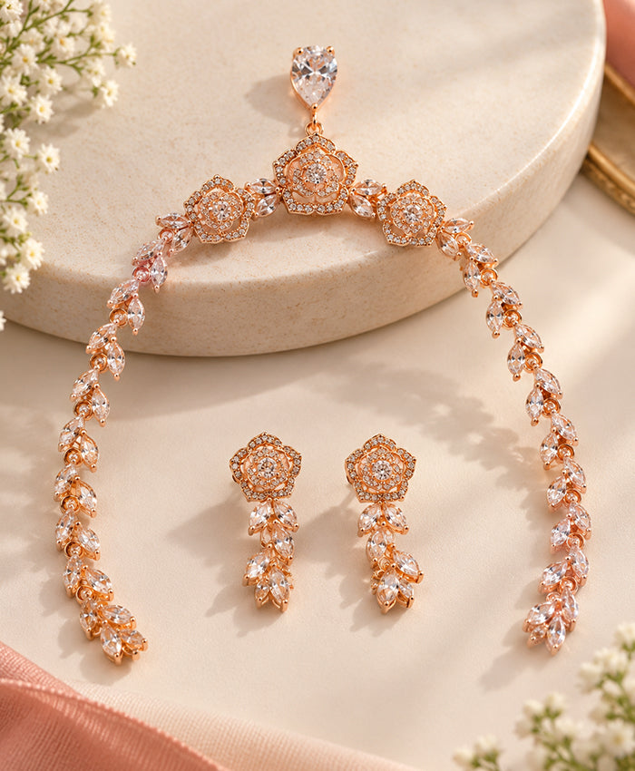 Gold Tone Necklace Featuring Floral Stone & Earrings Set