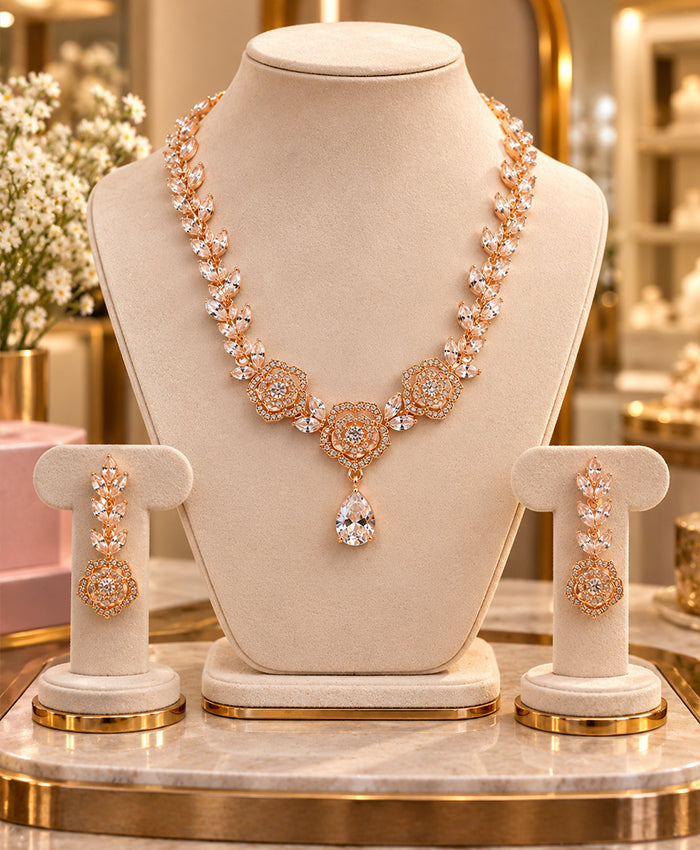 Gold Tone Necklace Featuring Floral Stone & Earrings Set