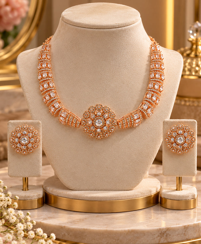 Rose Gold Floral Zirconia Necklace & Earrings Set