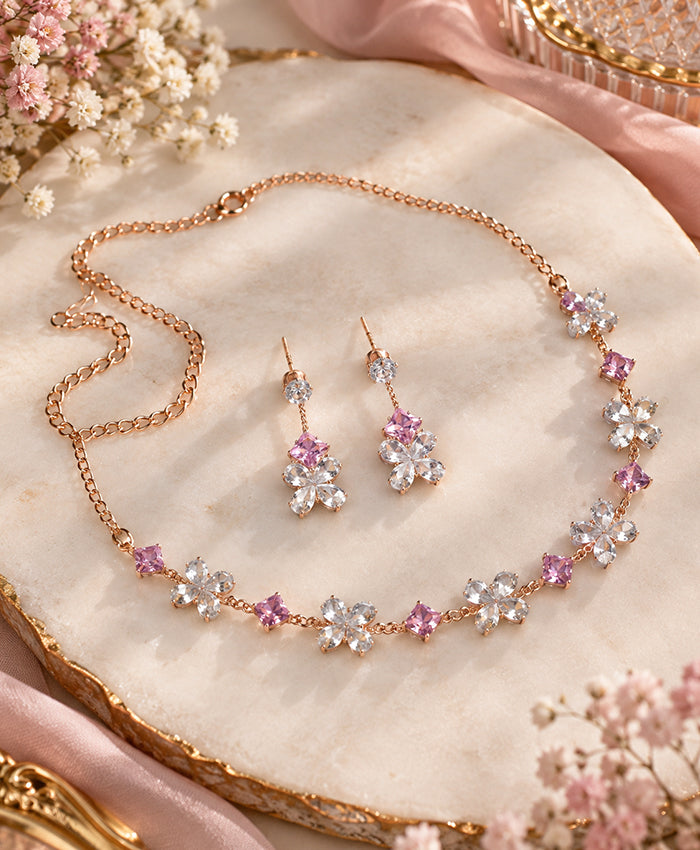 Rose Gold Pink & Clear Crystal Floral Necklace and Earrings Set
