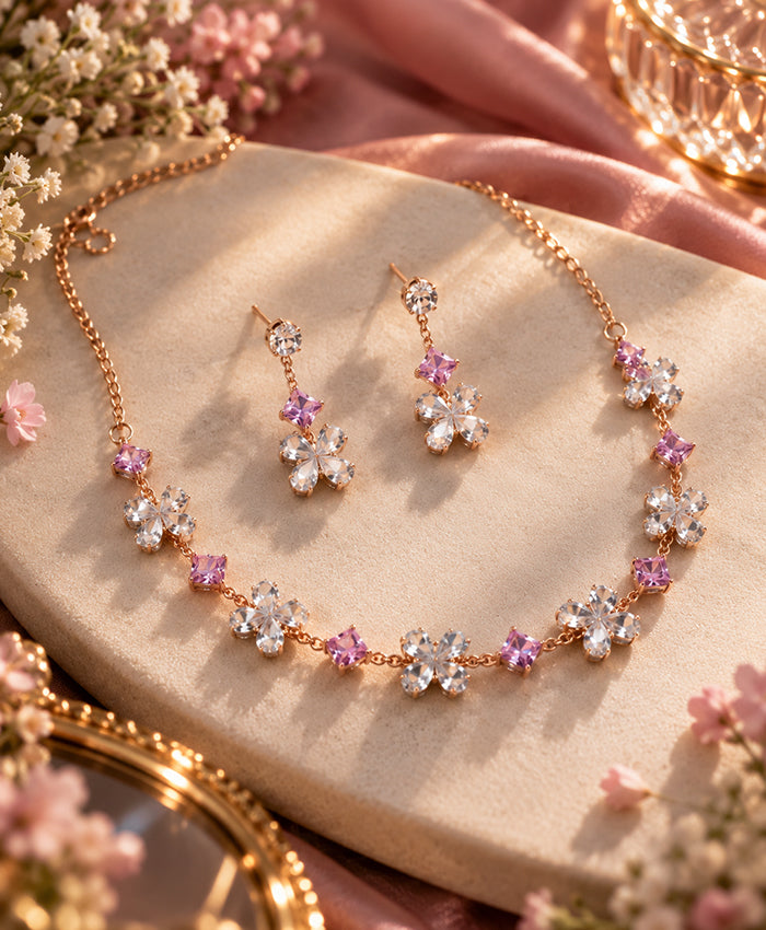 Rose Gold Pink & Clear Crystal Floral Necklace and Earrings Set